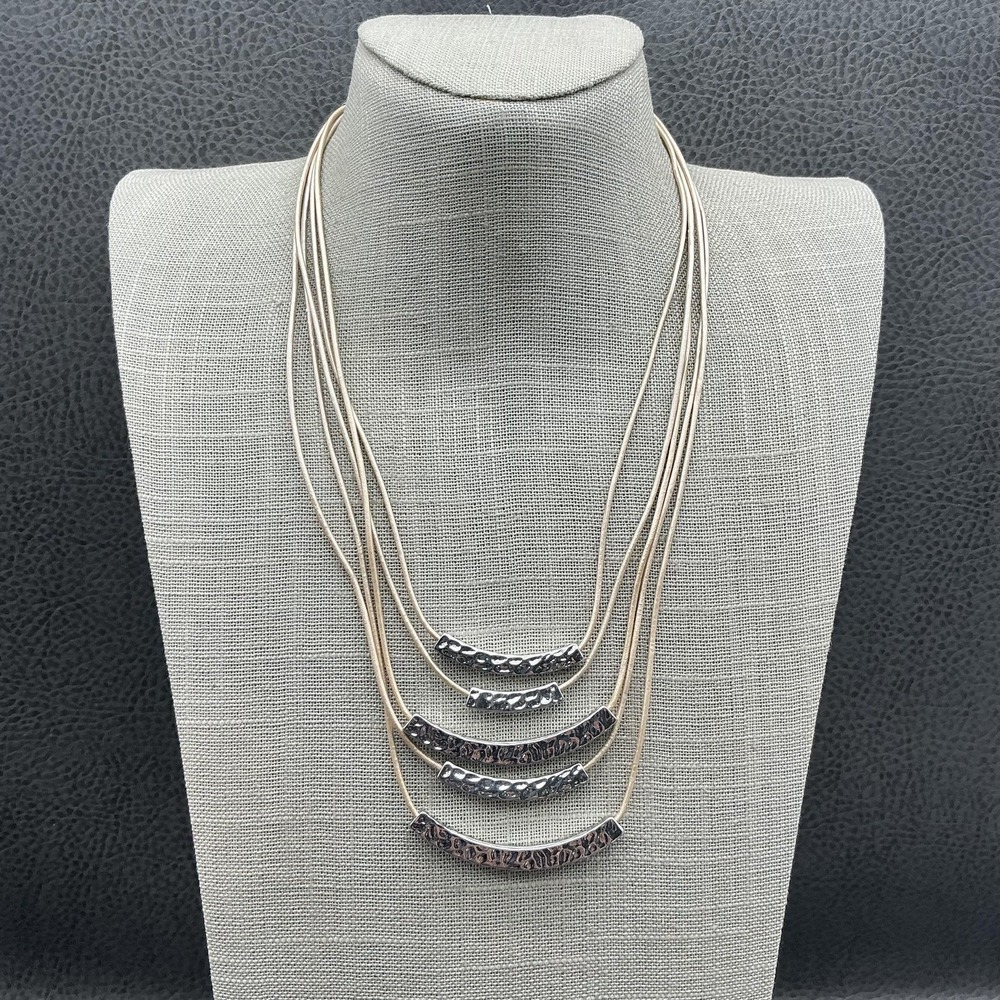 Lia Sophia Necklace Multi Strand Tan Cord Hammered Silver Tone Bar Layered 18"โ